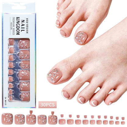 Custom 30pcs Nude Pink Luxury Press on Foot Nail Tips Bling Glitter Toenails Short Square French Press on Toe Nails With Diamond