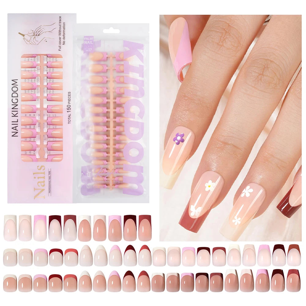 Wholesale Custom 150pcs Full Cover Square Press Acrylic Nails Art False Nails Colorful French Tips Coffin Pattern for Finger