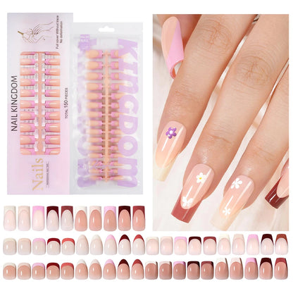 Wholesale Custom 150pcs Full Cover Square Press Acrylic Nails Art False Nails Colorful French Tips Coffin Pattern for Finger