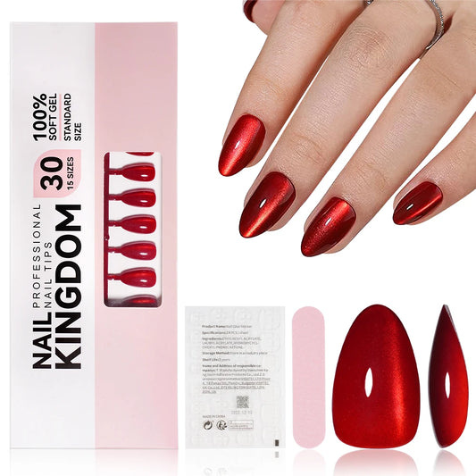 32pcs/128pcs Custom Cherry Wine Crystal Cat Eye False Nails Reusable Solid Color Short Almond Red Cat Eye Press on Nails Art