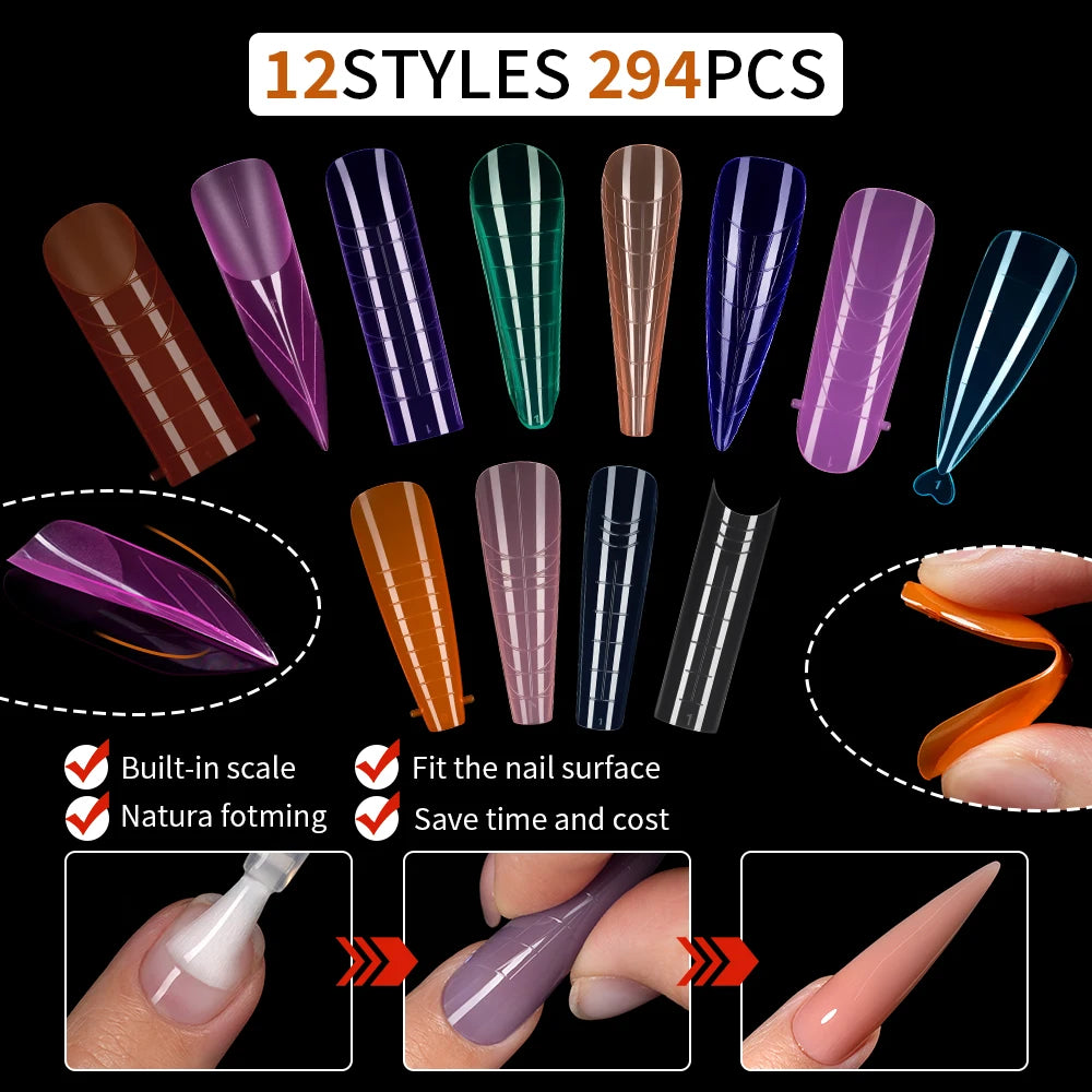 Custom Logo 294pcs Quick Building Dual Forms Nails Tips Nail Mold Set Mixed Color French Plastic Nail Extension Forms Set