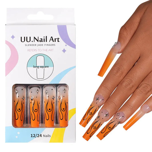Private Label Wholesale Custom 24pcs French Style Press on Nail Long Square Rhinestone Luxury Press on Nails With Diamond