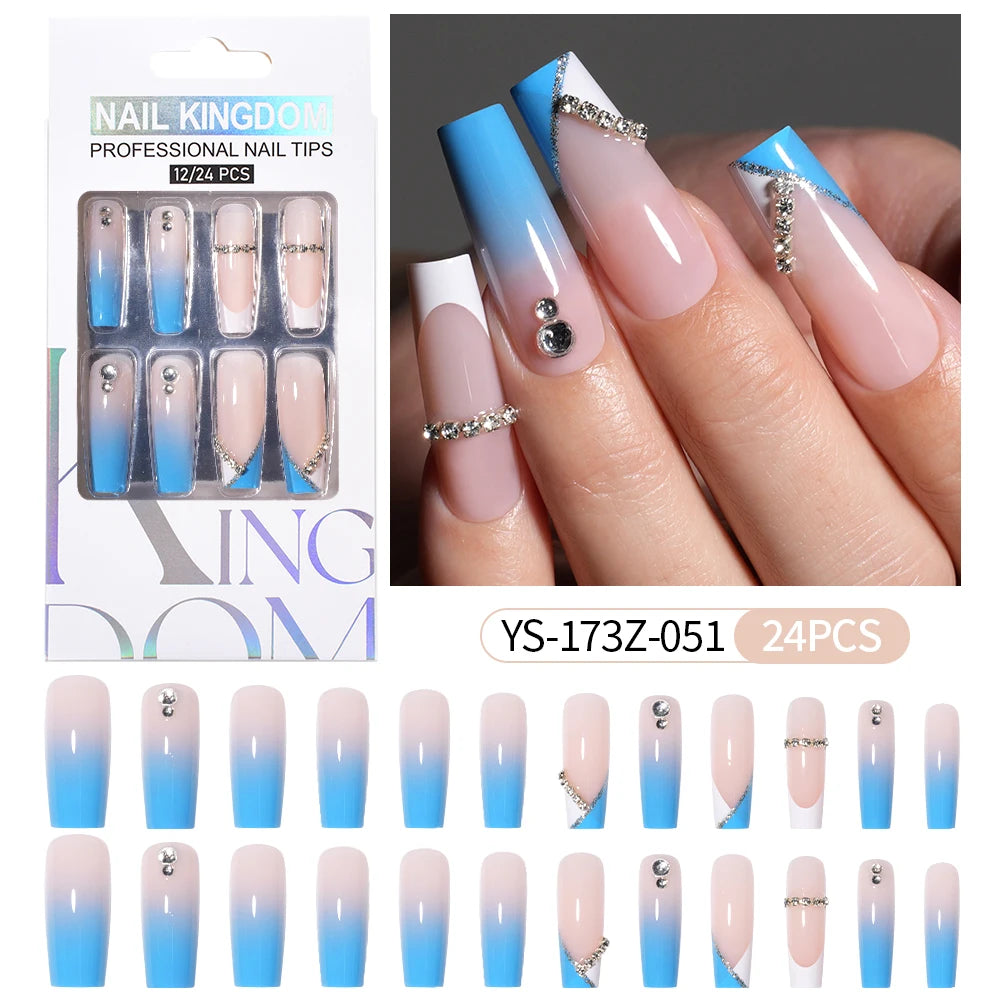 Manufacturer Direct Supply 24pcs Luxury Decorated False Nails Long Coffin Handmade 3d Gel Nail Art French Press on Nails