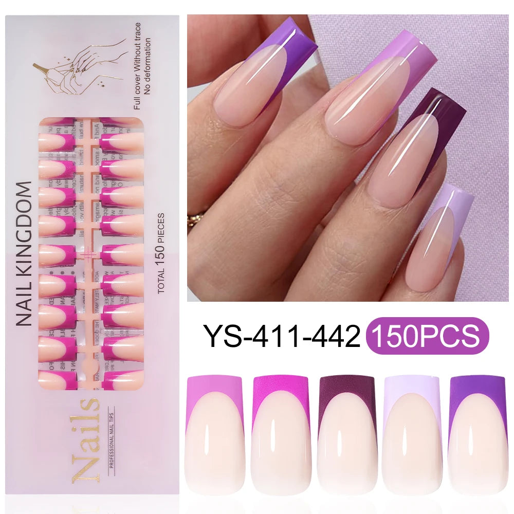 150PCS French Tip Press-On Nail Art Long Square Almond Full Cover Purple Solid Color for Finger Application Nail Supplier