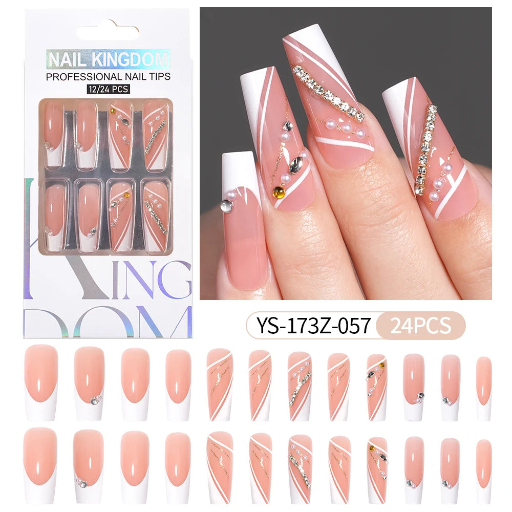 Manufacturer Direct Supply 24pcs Luxury Decorated False Nails Long Coffin Handmade 3d Gel Nail Art French Press on Nails