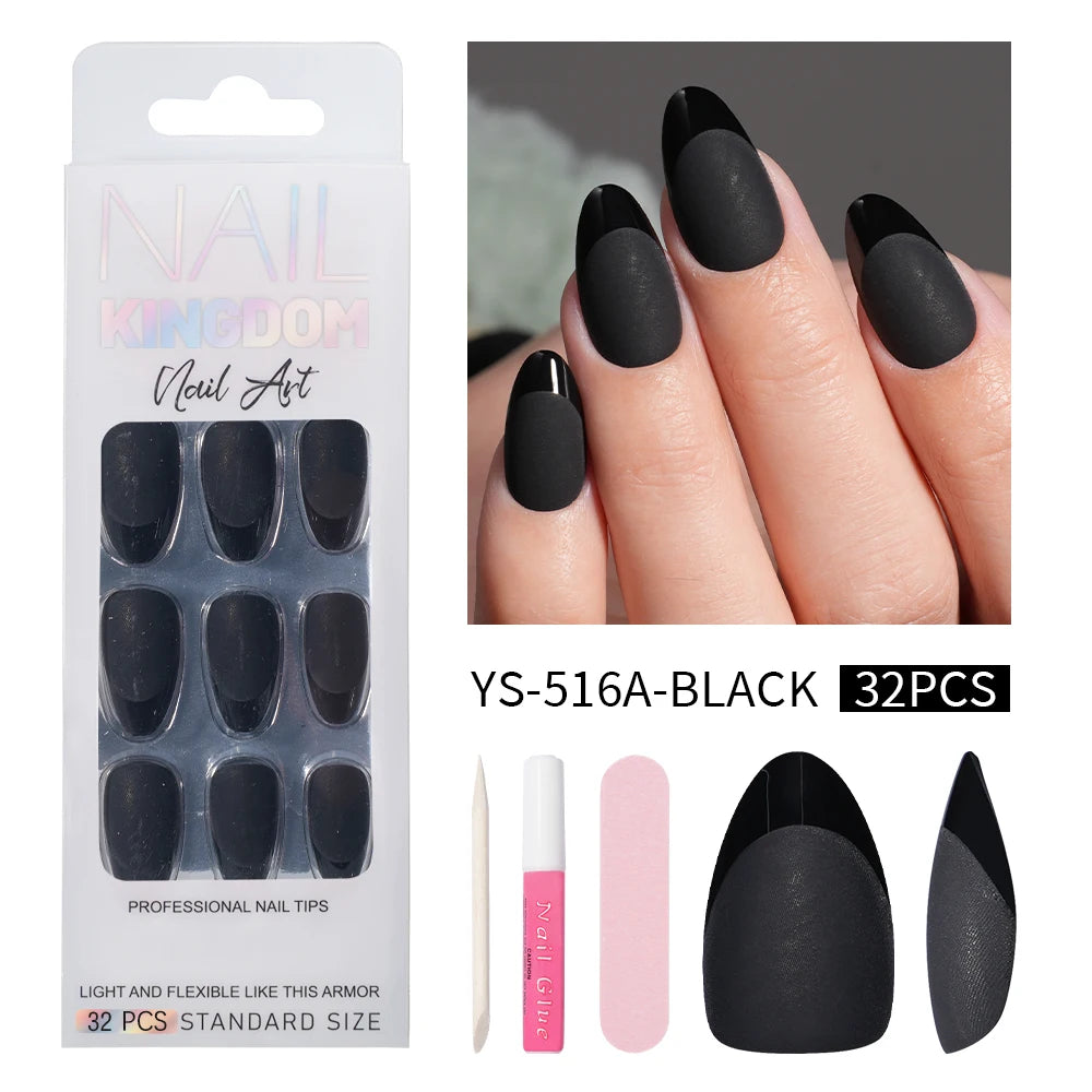 Wholesale 32PCS French Nails Press on Red Black Pink Color Short Almond Half Matte Press on Nails French Glitter Tip