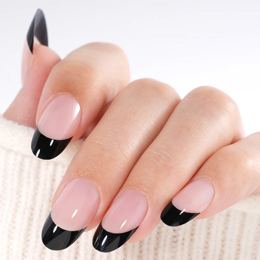 Custom 24PCS French Nails Press on Nude Color Handmade Short Round Acrylic Press on Nails French Black Tip