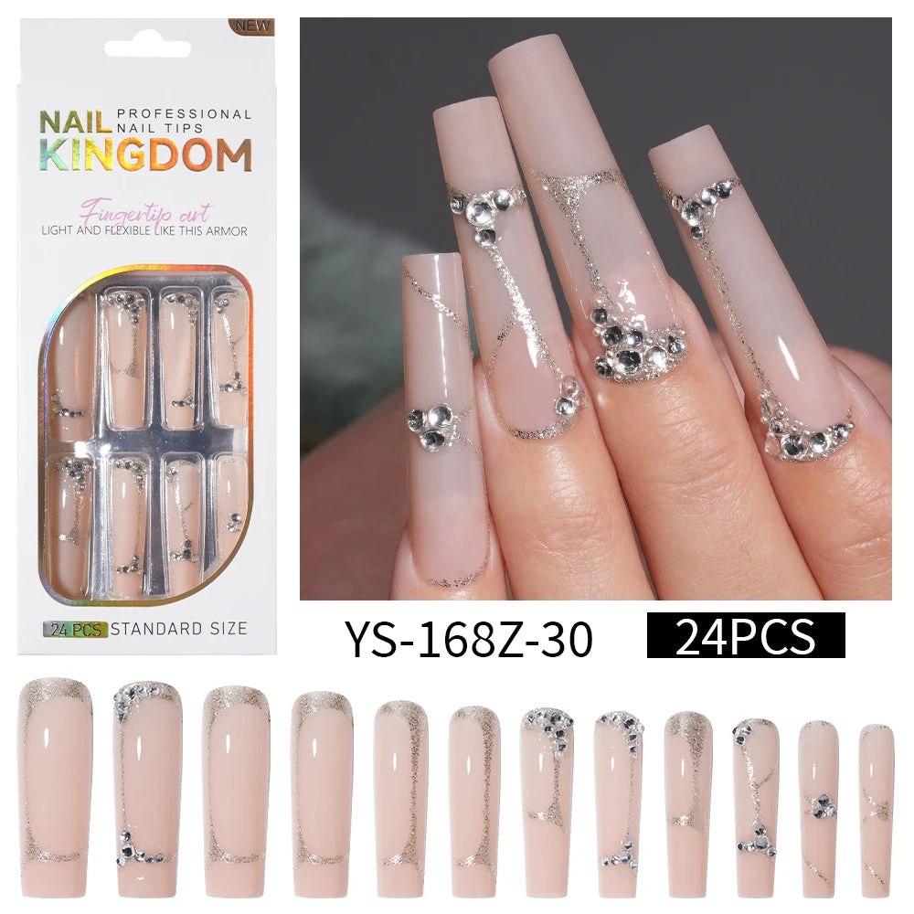 Private Label Wholesale Custom 24pcs French Style Press on Nail Long Square Rhinestone Luxury Press on Nails With Diamond