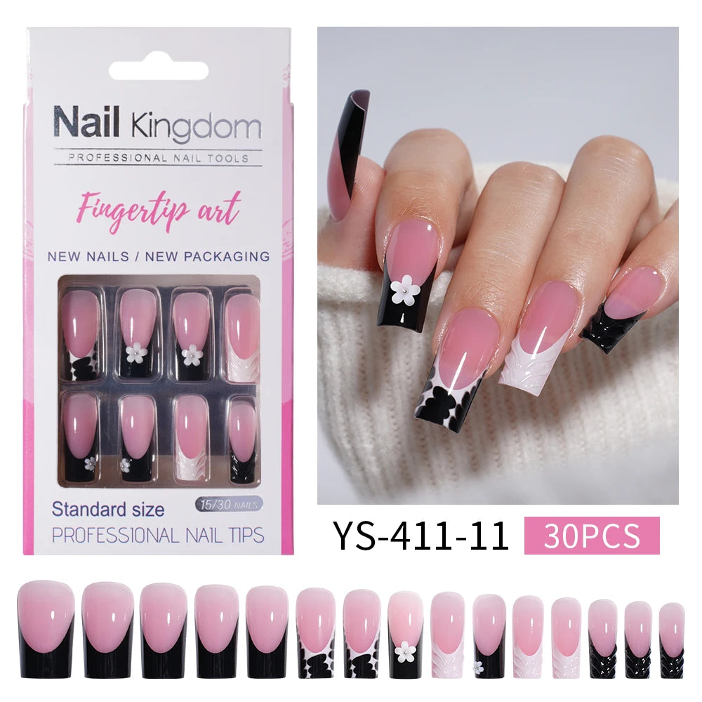 Nail Supplier Custom 30PCS Acrylic Designed Press on Nails Art Handmade Medium Square 3D Flower Gel French Press on Nails