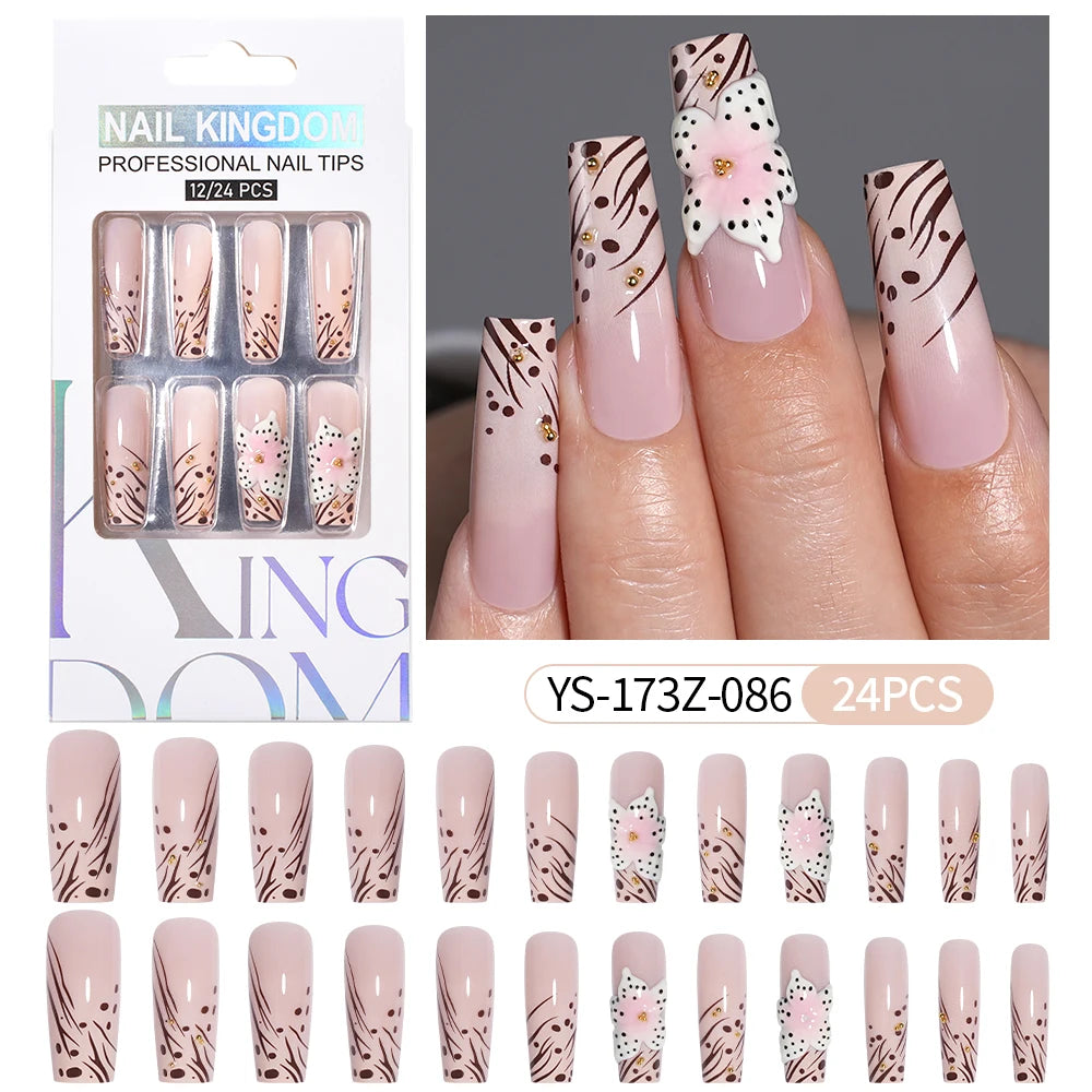 Manufacturer Direct Supply 24pcs Luxury Decorated False Nails Long Coffin Handmade 3d Gel Nail Art French Press on Nails