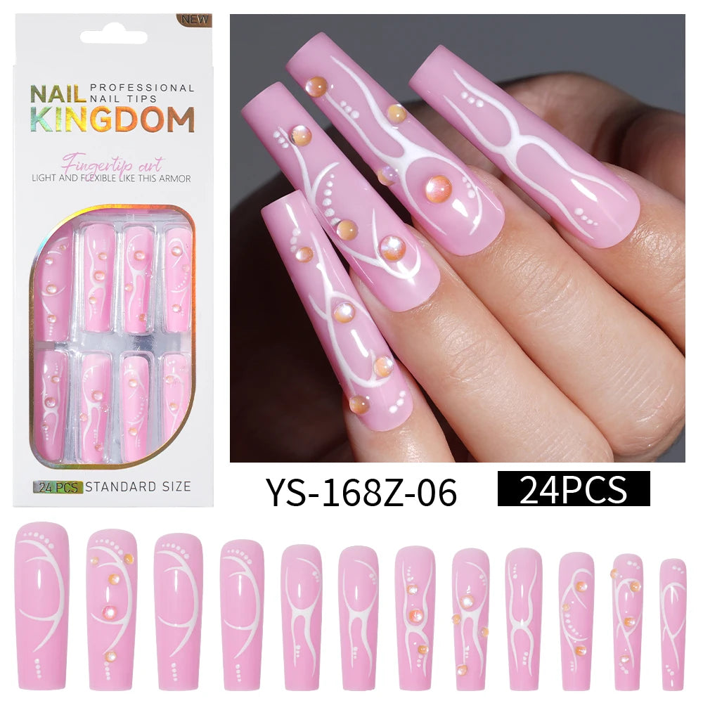 Private Label Wholesale Custom 24pcs French Style Press on Nail Long Square Rhinestone Luxury Press on Nails With Diamond