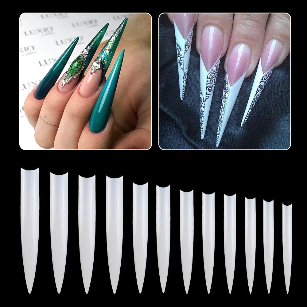 120 Pcs/box Extra Long Clear Natural Artificial Fingernails Acrylic False Nail Tips C Curve Pointed Stiletto Nail Art Tips