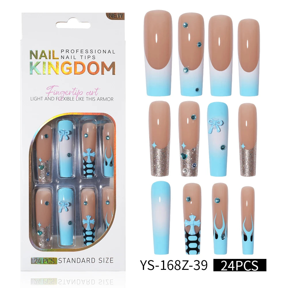 Private Label Wholesale Custom 24pcs French Style Press on Nail Long Square Rhinestone Luxury Press on Nails With Diamond