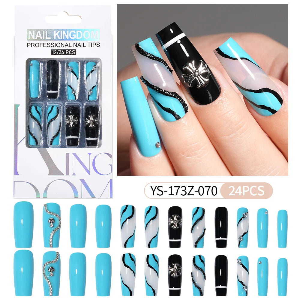 Manufacturer Direct Supply 24pcs Luxury Decorated False Nails Long Coffin Handmade 3d Gel Nail Art French Press on Nails