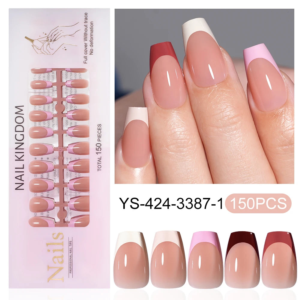 Wholesale Custom 150pcs Full Cover Square Press Acrylic Nails Art False Nails Colorful French Tips Coffin Pattern for Finger