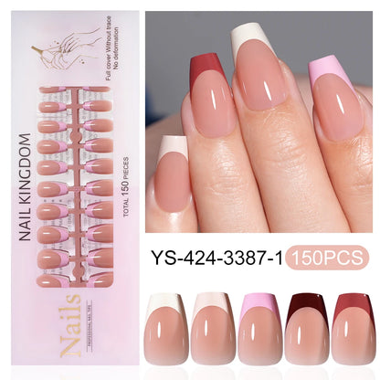 Wholesale Custom 150pcs Full Cover Square Press Acrylic Nails Art False Nails Colorful French Tips Coffin Pattern for Finger