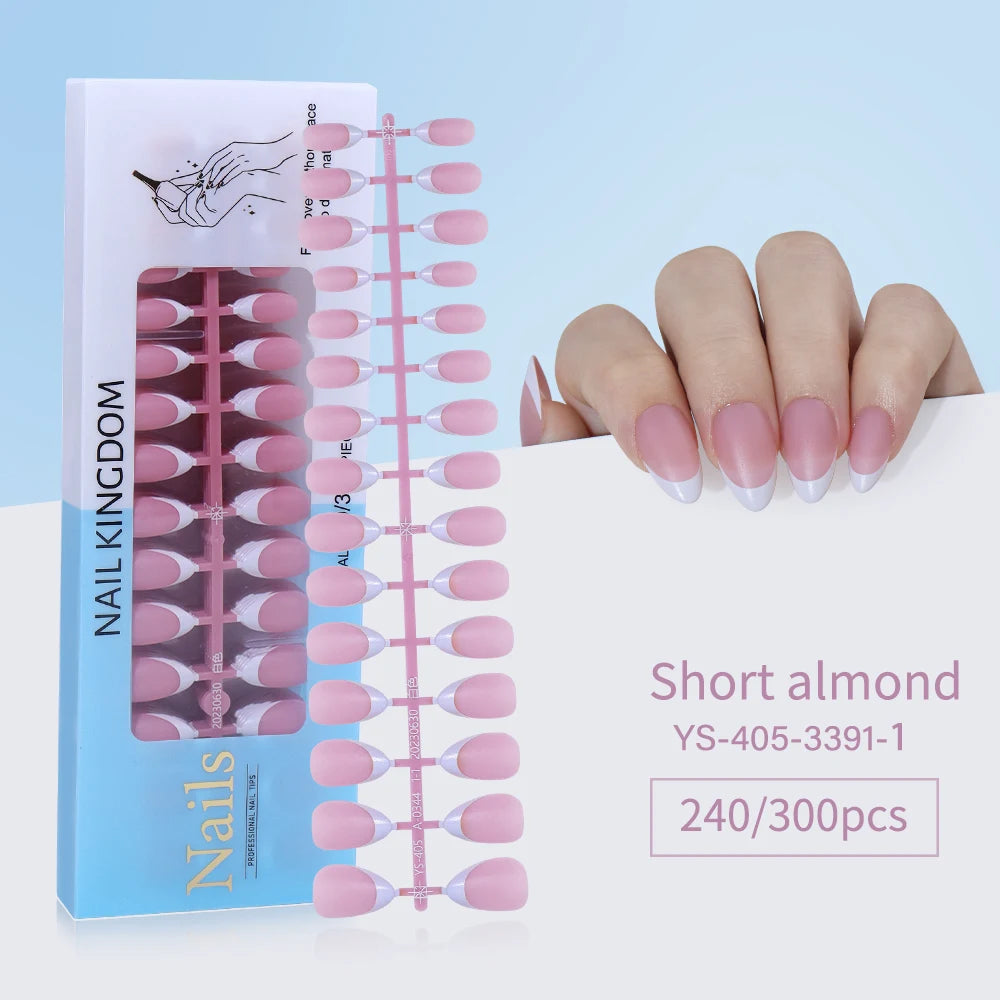 240pcs French Gel X Tips Press on Long Almond False Nails Premade Designed X Coat Tips Full Cover French Tip Press on Nails