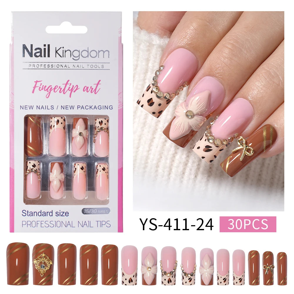 Nail Supplier Custom 30PCS Acrylic Designed Press on Nails Art Handmade Medium Square 3D Flower Gel French Press on Nails