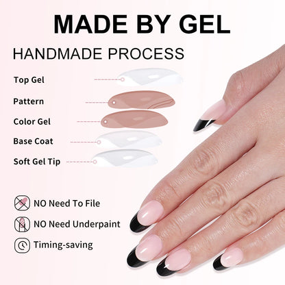 Custom 24PCS French Nails Press on Nude Color Handmade Short Round Acrylic Press on Nails French Black Tip