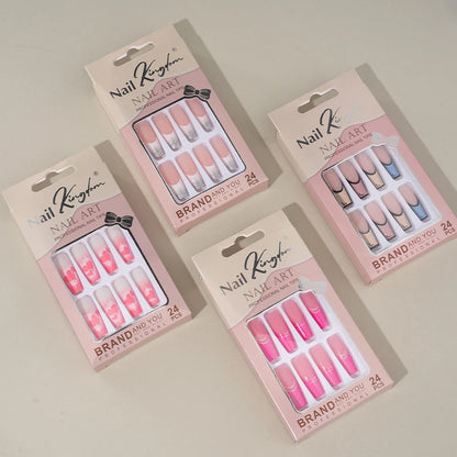 Wholesale Custom 24pcs Reusable Handmade Long Square Luxury French Tip Press on Nails for Nails Supplies Salon with Nail Tools