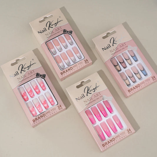 Wholesale Custom 24pcs Reusable Handmade Long Square Luxury French Tip Press on Nails for Nails Supplies Salon with Nail Tools