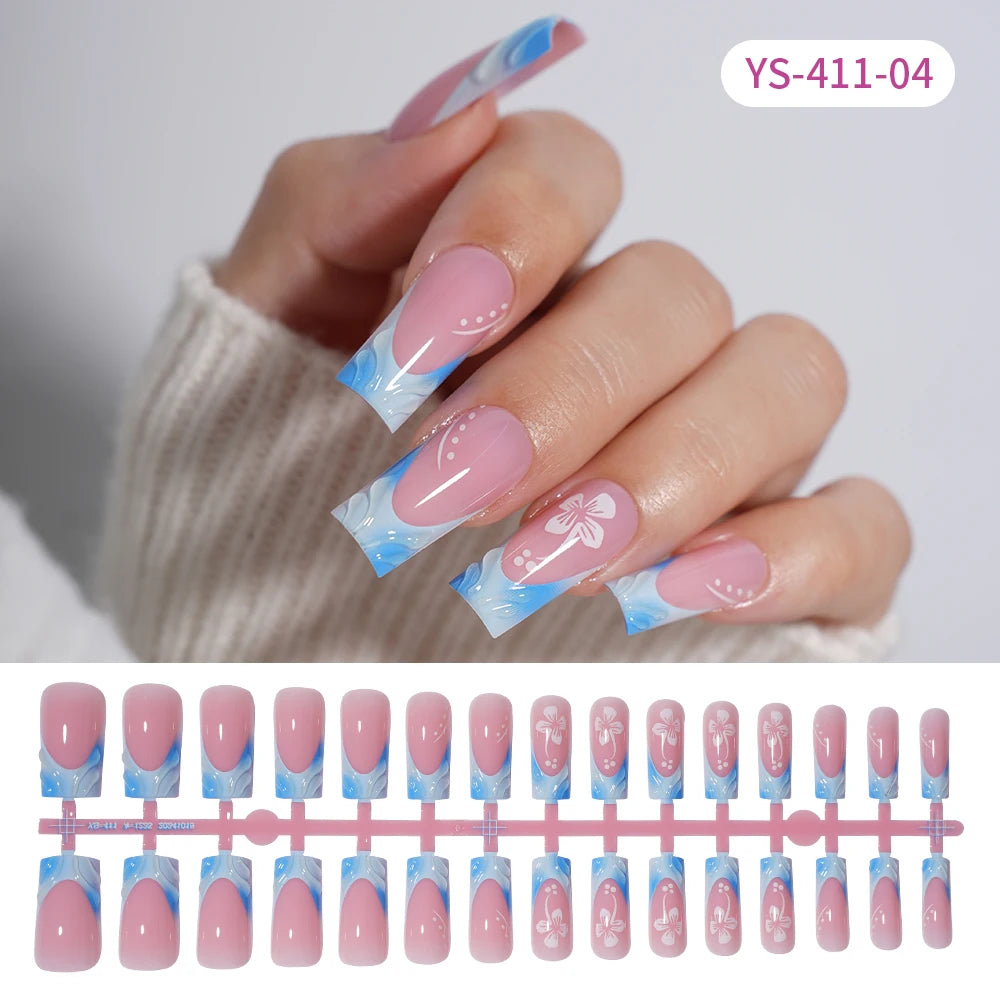 Custom Designed Luxury Diamond False Nails Full Cover Medium Square Handmade 3D Flower Rhinestone Gel French Press on Nails