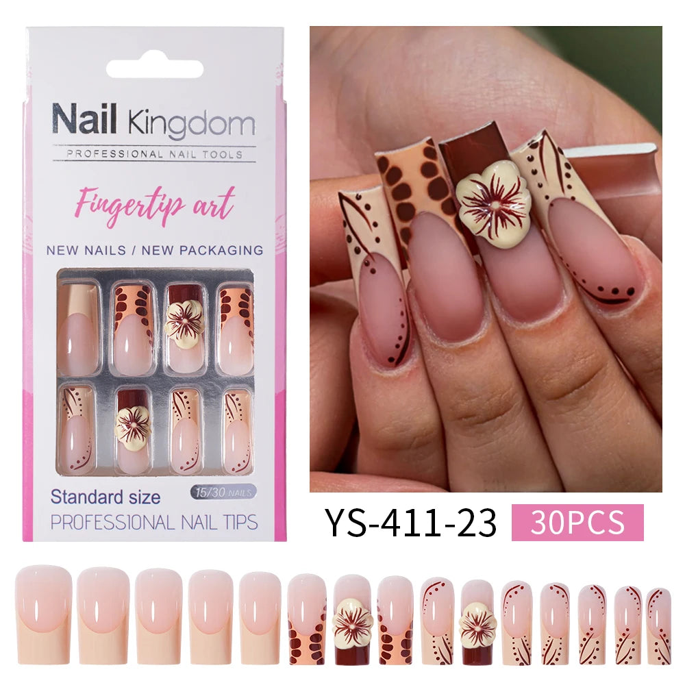 Nail Supplier Custom 30PCS Acrylic Designed Press on Nails Art Handmade Medium Square 3D Flower Gel French Press on Nails