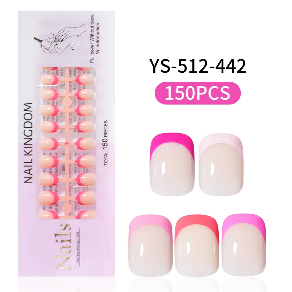 Nail Supplier 150PCS Pink French Tip Wearable Nail Long Short Square Almond Full Cover Pink Solid Color French Press on Nail
