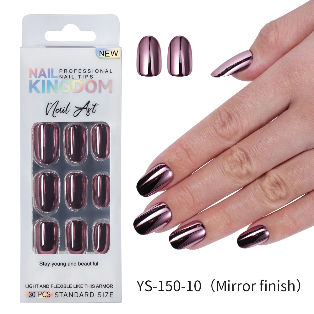Custom Private Label 24pcs Short Round Solid Color Glittery Mirror False Nails Matte or Mirror Effect Press on Nails Set