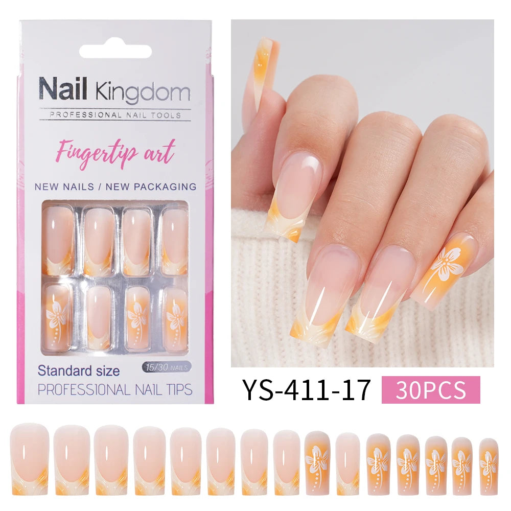 Nail Supplier Custom 30PCS Acrylic Designed Press on Nails Art Handmade Medium Square 3D Flower Gel French Press on Nails