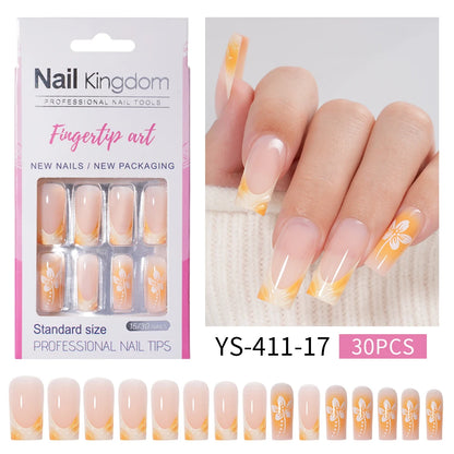 Nail Supplier Custom 30PCS Acrylic Designed Press on Nails Art Handmade Medium Square 3D Flower Gel French Press on Nails