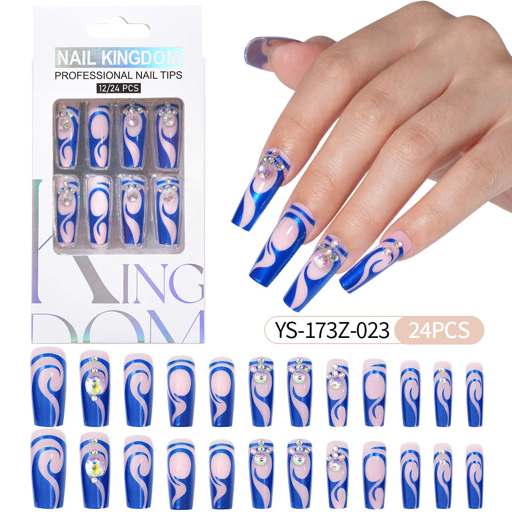Manufacturer Direct Supply 24pcs Luxury Decorated False Nails Long Coffin Handmade 3d Gel Nail Art French Press on Nails