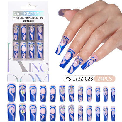 Manufacturer Direct Supply 24pcs Luxury Decorated False Nails Long Coffin Handmade 3d Gel Nail Art French Press on Nails