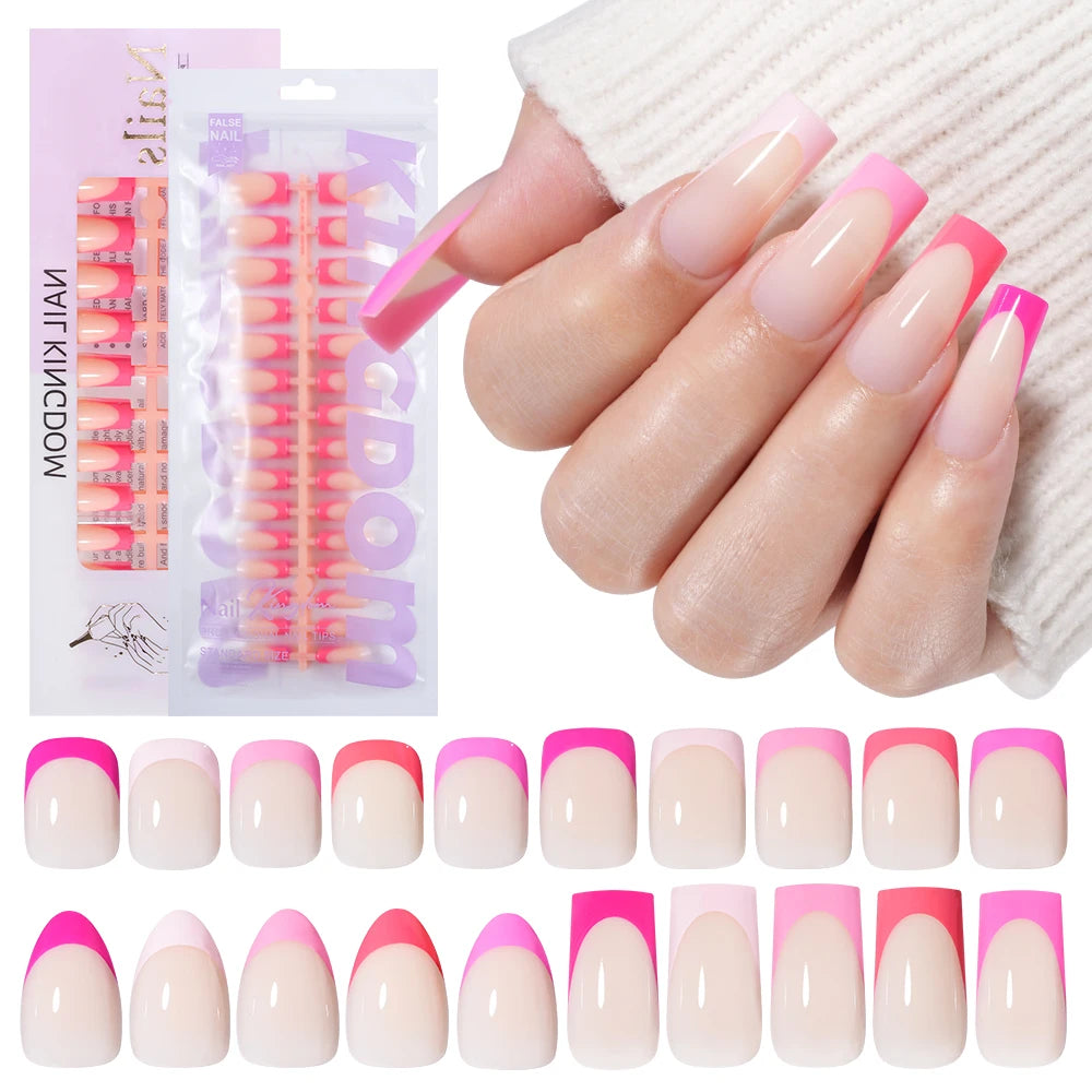 Nail Supplier 150PCS Pink French Tip Wearable Nail Long Short Square Almond Full Cover Pink Solid Color French Press on Nail