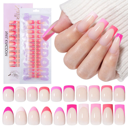 Nail Supplier 150PCS Pink French Tip Wearable Nail Long Short Square Almond Full Cover Pink Solid Color French Press on Nail