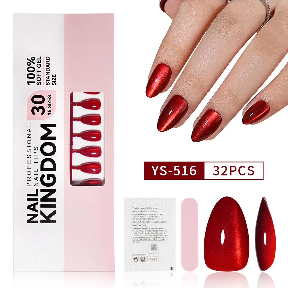 32pcs/128pcs Custom Cherry Wine Crystal Cat Eye False Nails Reusable Solid Color Short Almond Red Cat Eye Press on Nails Art