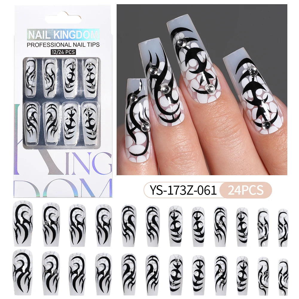 Manufacturer Direct Supply 24pcs Luxury Decorated False Nails Long Coffin Handmade 3d Gel Nail Art French Press on Nails