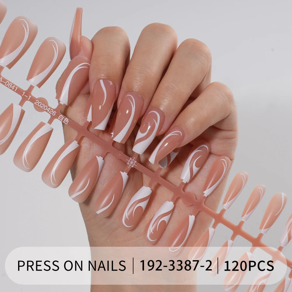 Private Label 120PCS/Bag French Artificial Fingernails Nude White Full Cover Long Square Handmade French Soft Gel Press on Nails