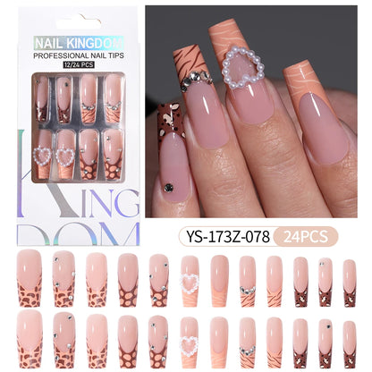 Manufacturer Direct Supply 24pcs Luxury Decorated False Nails Long Coffin Handmade 3d Gel Nail Art French Press on Nails