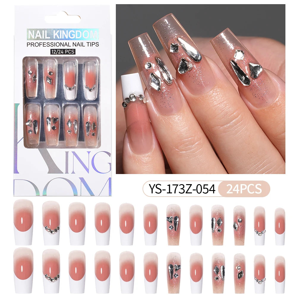 Manufacturer Direct Supply 24pcs Luxury Decorated False Nails Long Coffin Handmade 3d Gel Nail Art French Press on Nails
