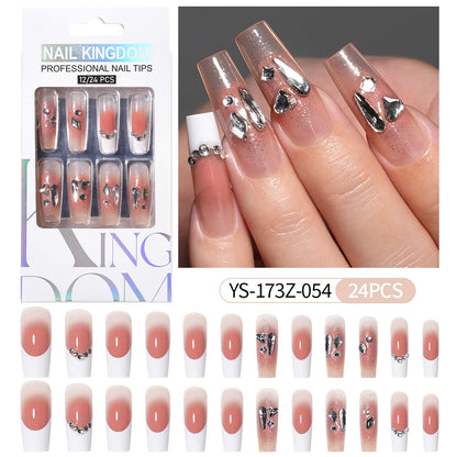 Manufacturer Direct Supply 24pcs Luxury Decorated False Nails Long Coffin Handmade 3d Gel Nail Art French Press on Nails