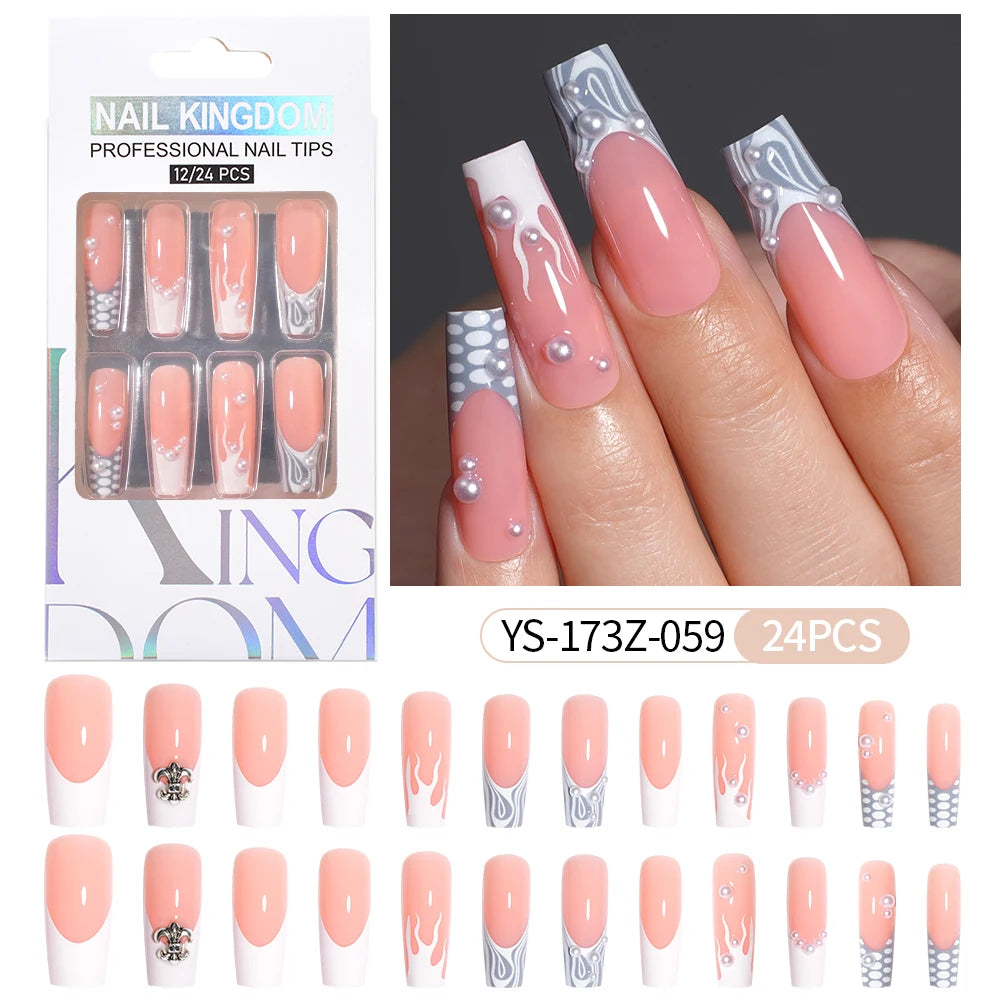 Manufacturer Direct Supply 24pcs Luxury Decorated False Nails Long Coffin Handmade 3d Gel Nail Art French Press on Nails