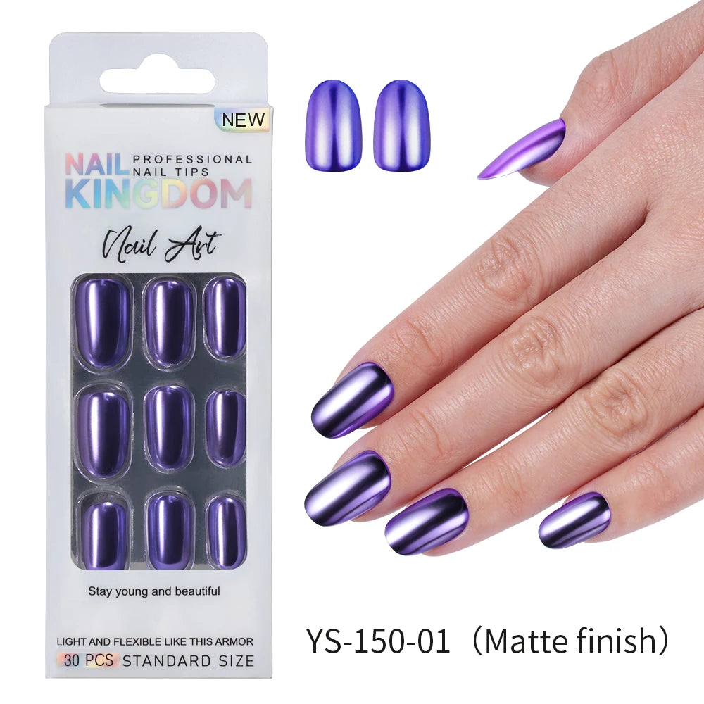 Custom Private Label 24pcs Short Round Solid Color Glittery Mirror False Nails Matte or Mirror Effect Press on Nails Set