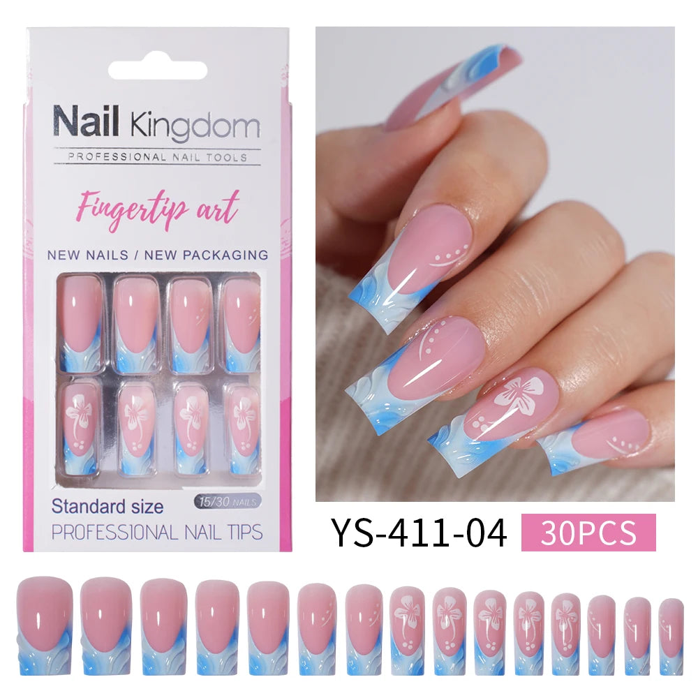 Nail Supplier Custom 30PCS Acrylic Designed Press on Nails Art Handmade Medium Square 3D Flower Gel French Press on Nails
