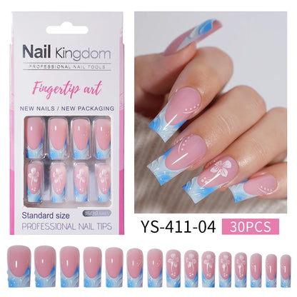 Nail Supplier Custom 30PCS Acrylic Designed Press on Nails Art Handmade Medium Square 3D Flower Gel French Press on Nails
