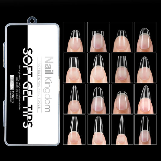 Wholesale False Nail Art Tips 15 Size Full Cover Traceless Transparent Clear Coffin Stiletto Square Almond Soft Gel Nail Tips