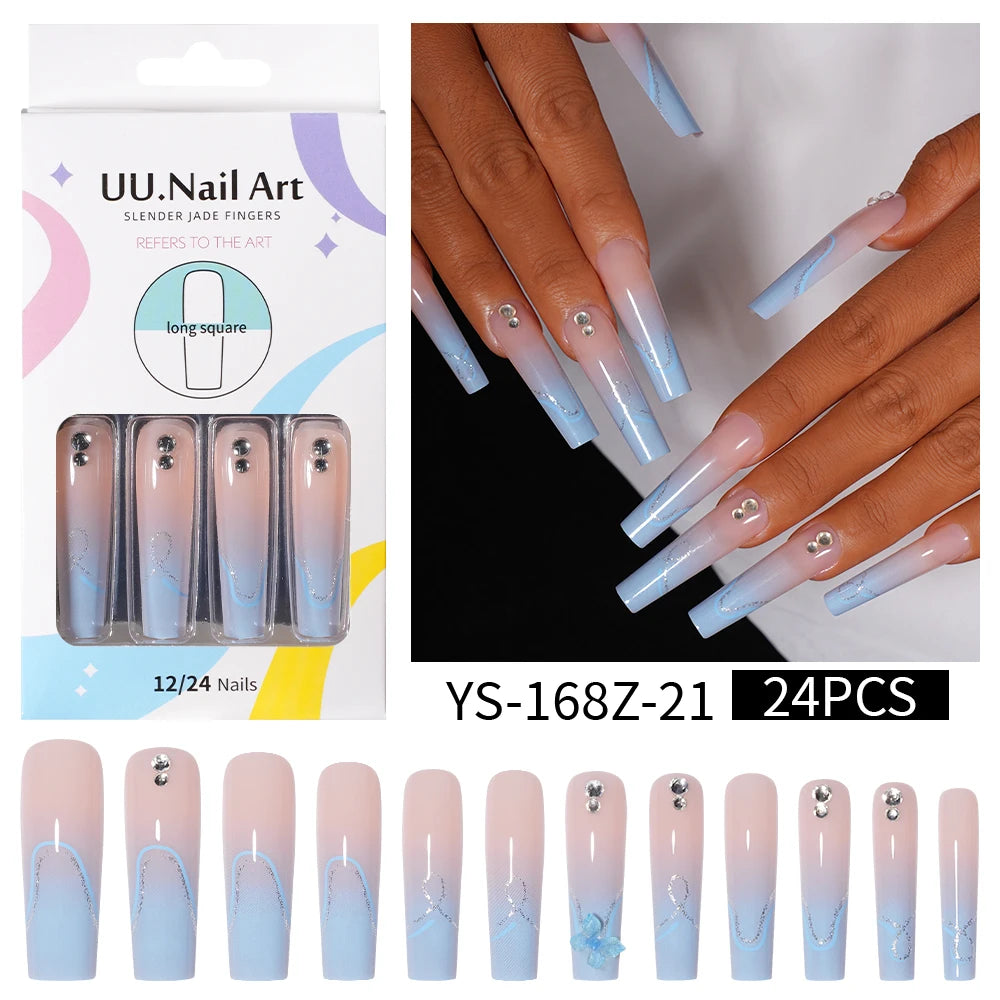 Private Label Wholesale Custom 24pcs French Style Press on Nail Long Square Rhinestone Luxury Press on Nails With Diamond