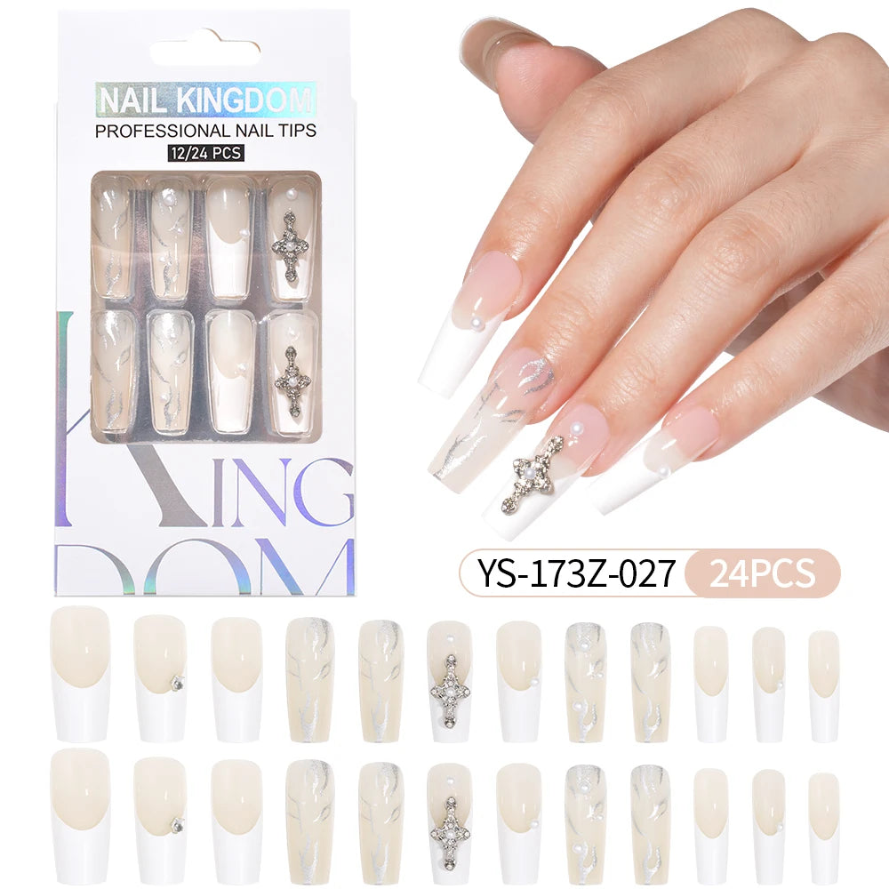 Manufacturer Direct Supply 24pcs Luxury Decorated False Nails Long Coffin Handmade 3d Gel Nail Art French Press on Nails