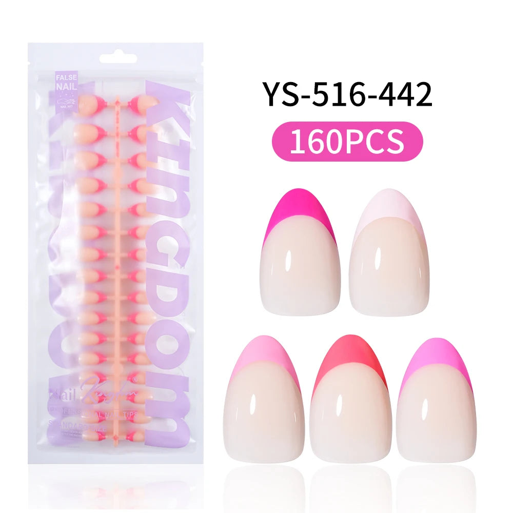 Nail Supplier 150PCS Pink French Tip Wearable Nail Long Short Square Almond Full Cover Pink Solid Color French Press on Nail