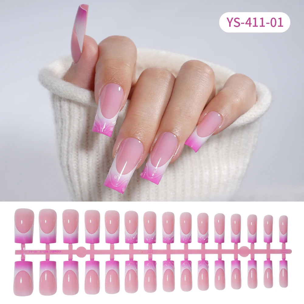 Custom Designed Luxury Diamond False Nails Full Cover Medium Square Handmade 3D Flower Rhinestone Gel French Press on Nails